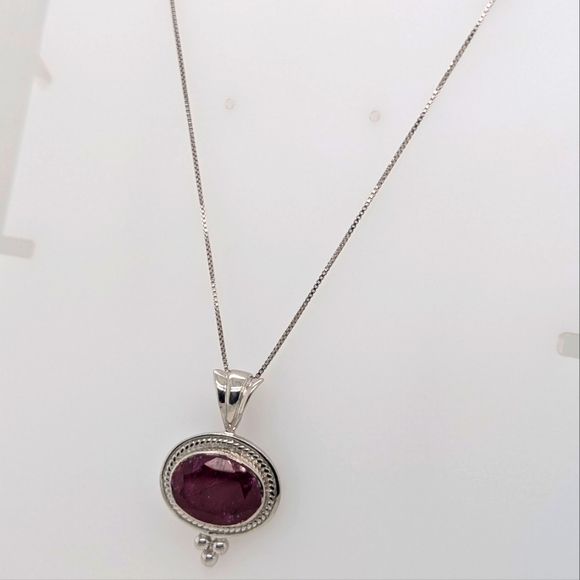 Sterling Silver & Ruby Stone Pendant Paired w/ Silver Chain - Picture 2 of 8